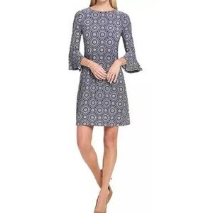 Tommy Hilfiger Navy/White Geometric Bell Sleeve Shift Dress, Back Zip, Size 12